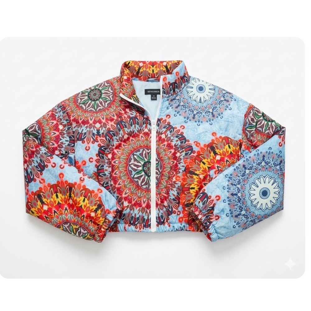Womens Mandala Print Cropped Puffer Jacket Multi Color Boho Zip Up M - Picture 1 of 3